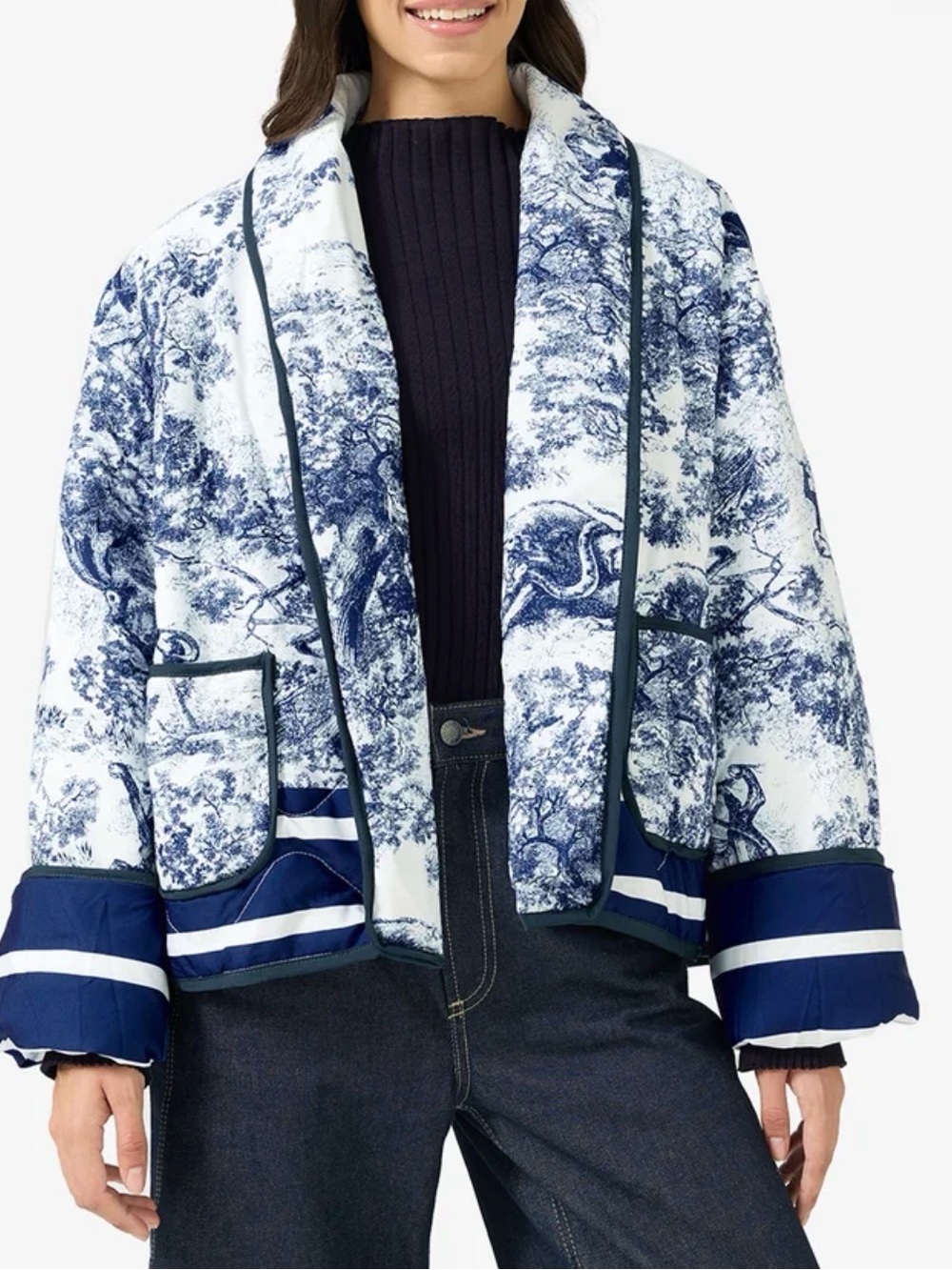 Ginger Blue and White Toile Quilted lapel collar Jacket size L NWOT